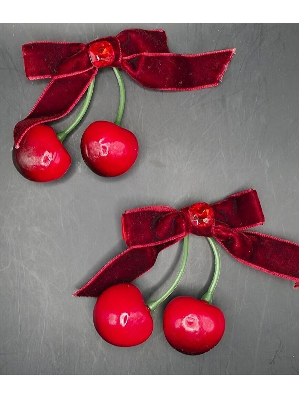 Cute Red Cherry Hair Clips with Velvet Bow and Gem Accent